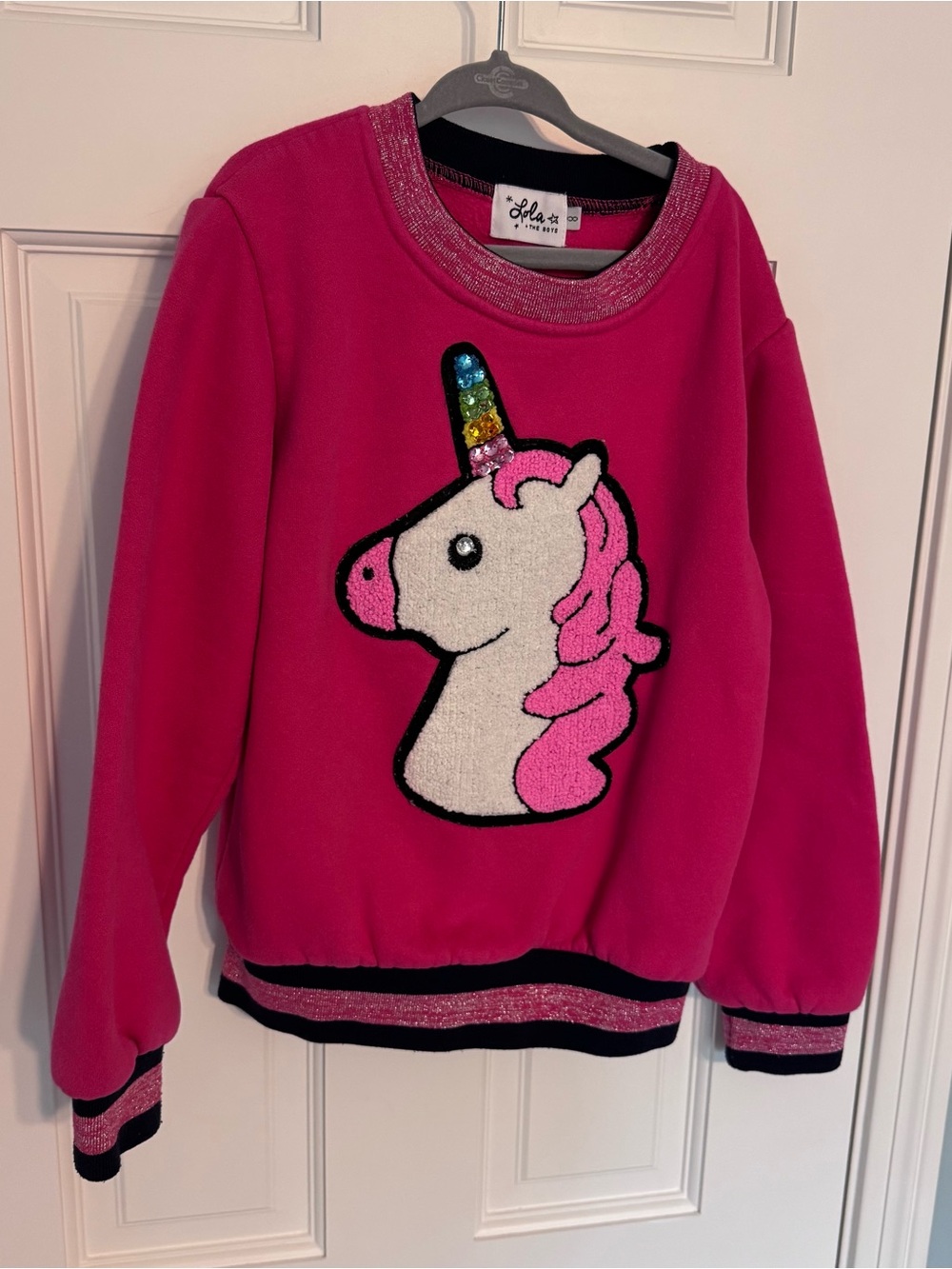 Lola + The Boys Hot Pink gem rainbow Unicorn Sweatshirt size 8 100% cotton